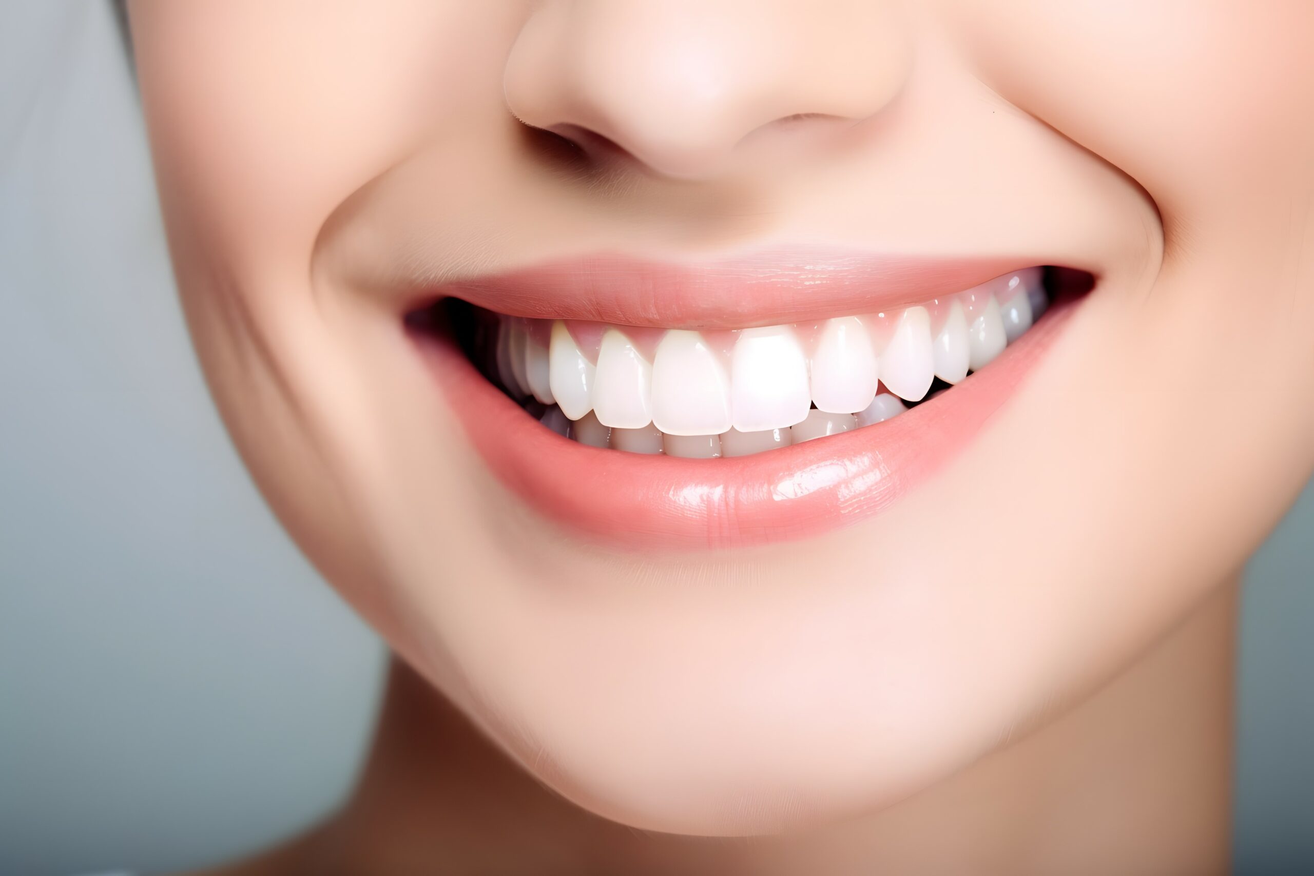 closeup of perfect smile woman teeth on white background, studio photo, Cinematic, Photoshoot, Shot on 65mm lens, Shutter Speed 1 4000, F 1.8 White Balance, 32k, Super-Resolution, Pro Photo RGB, Half