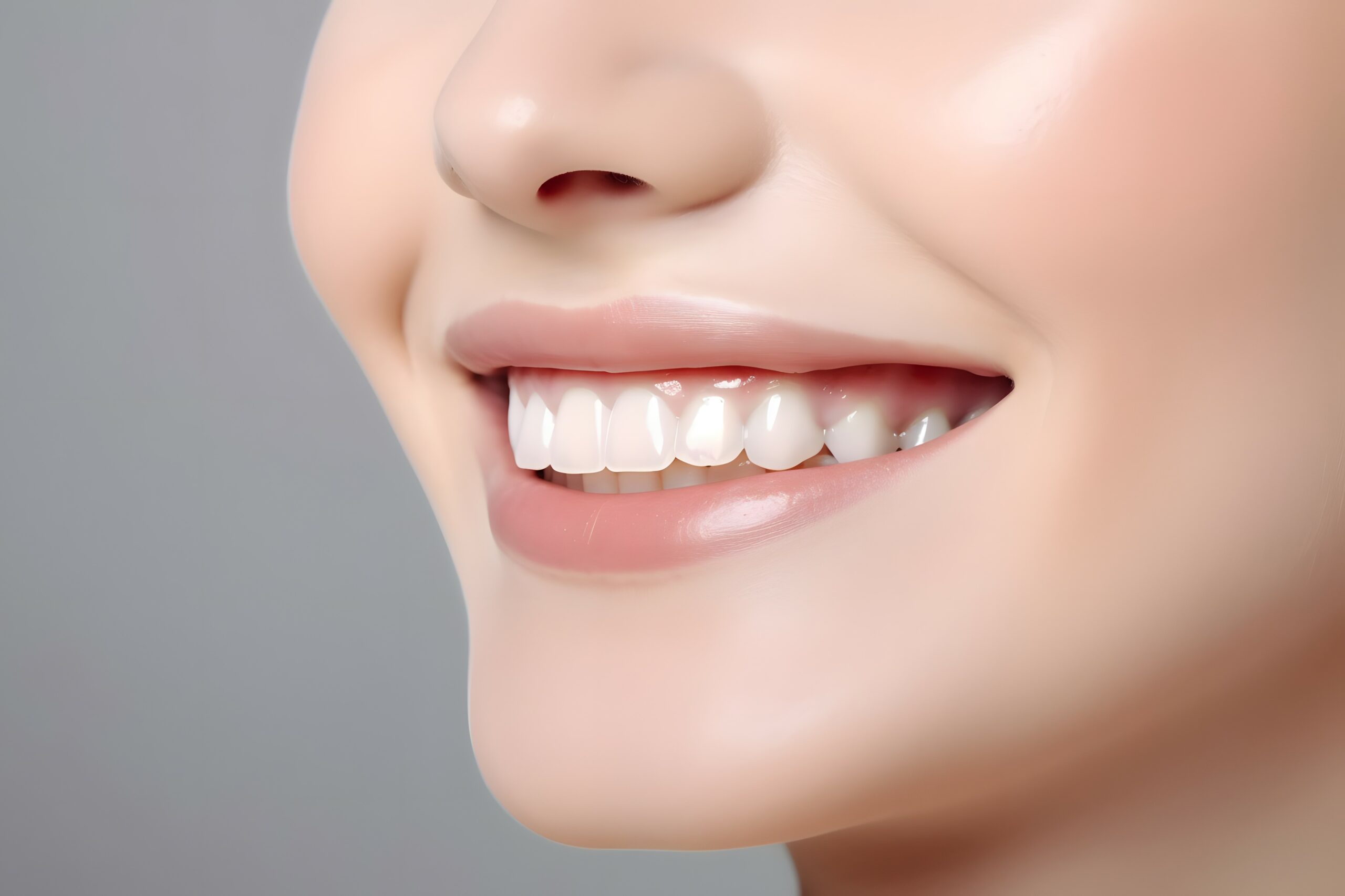 closeup of perfect smile woman teeth on white background, studio photo, Cinematic, Photoshoot, Shot on 65mm lens, Shutter Speed 1 4000, F 1.8 White Balance, 32k, Super-Resolution, Pro Photo RGB, Half