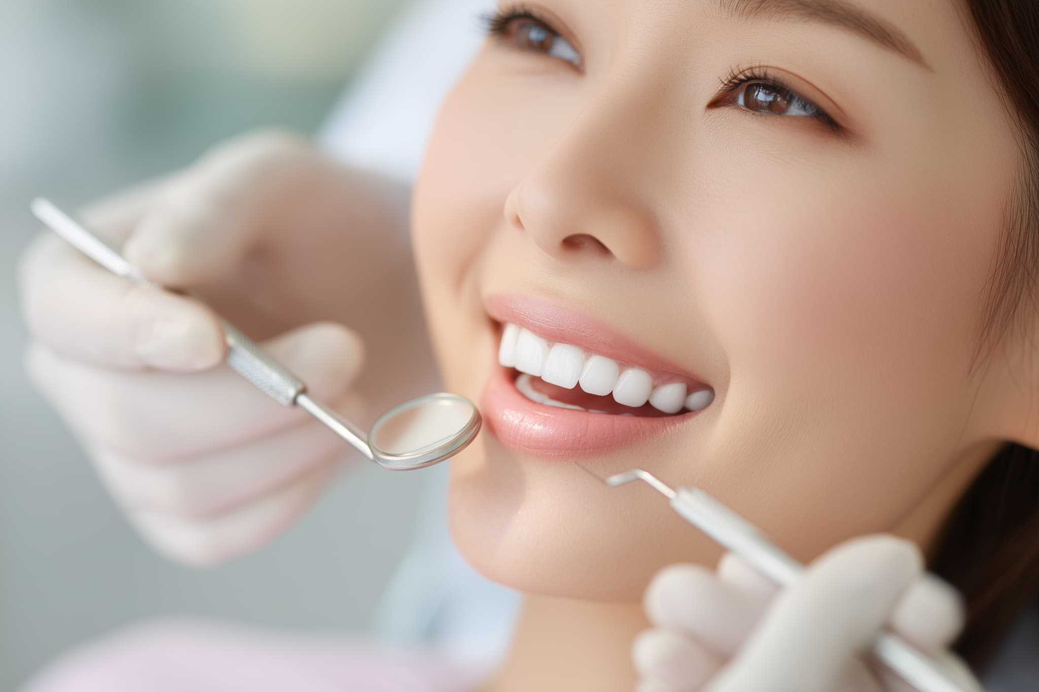 プラークを除去するため定期的に歯科医院でクリーニングを受ける笑顔の女性