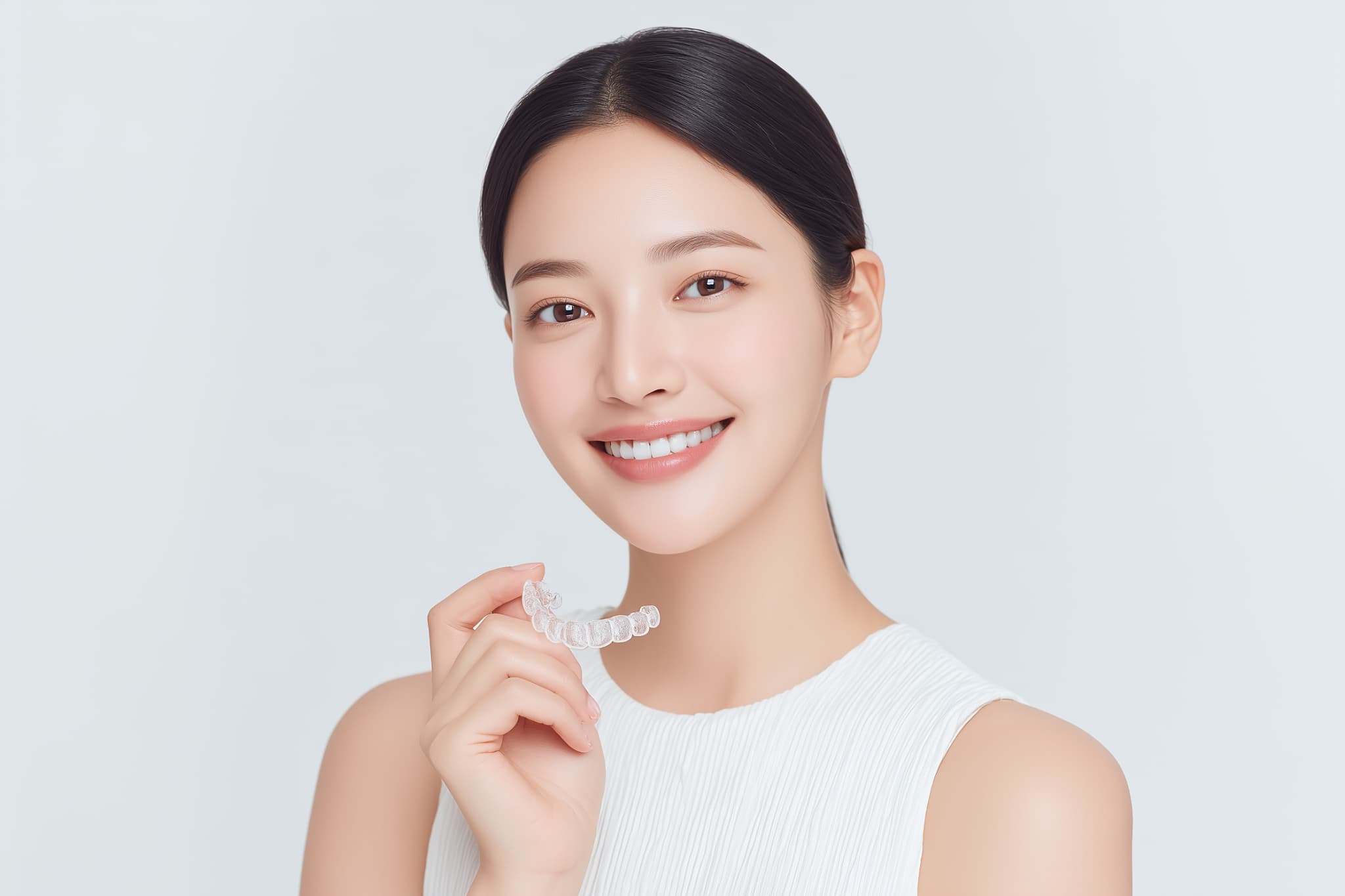 マウスピースを片手に微笑む女性