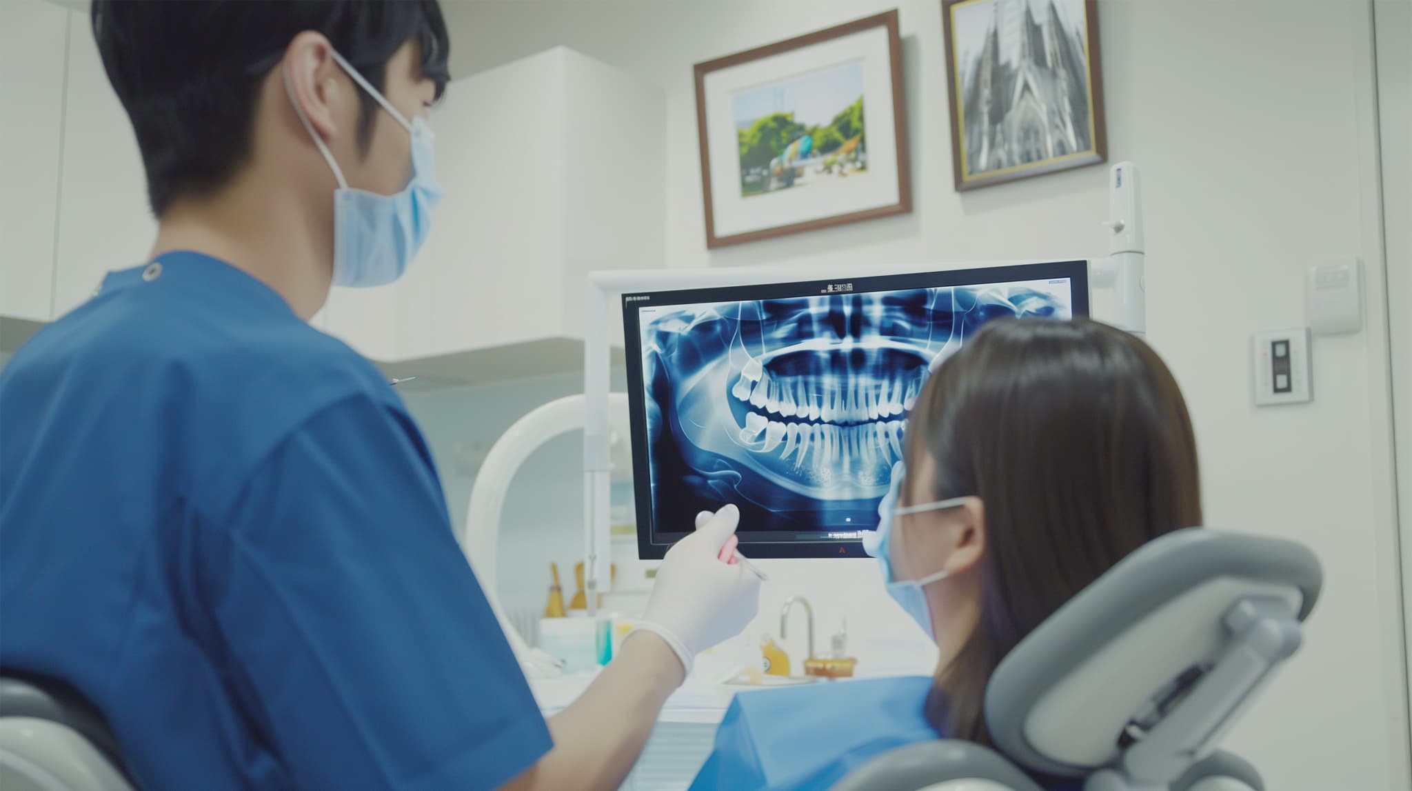 インプラントの術後にメンテナンスに通う女性とレントゲンの説明をする歯科医師