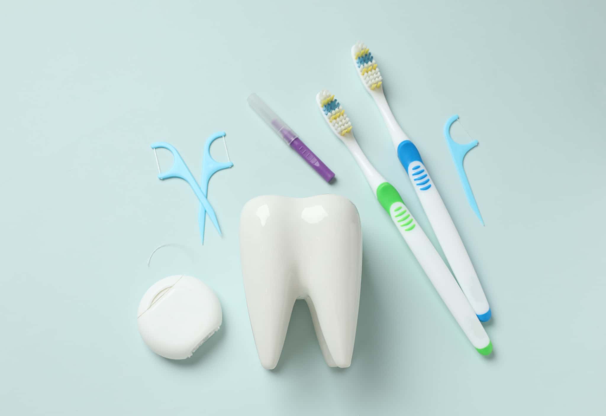 歯の模型とフロスや歯間ブラシなどのデンタルケア用品